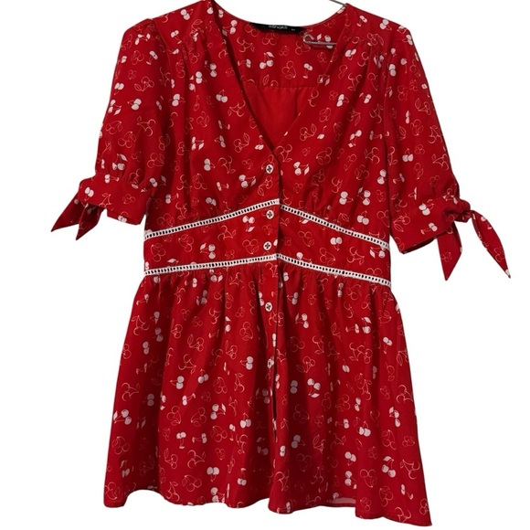 eShakti Red Cherry Print Peplum Top Sz S Bow Sleeve Retro Pinup Baby Doll Top - Picture 2 of 14